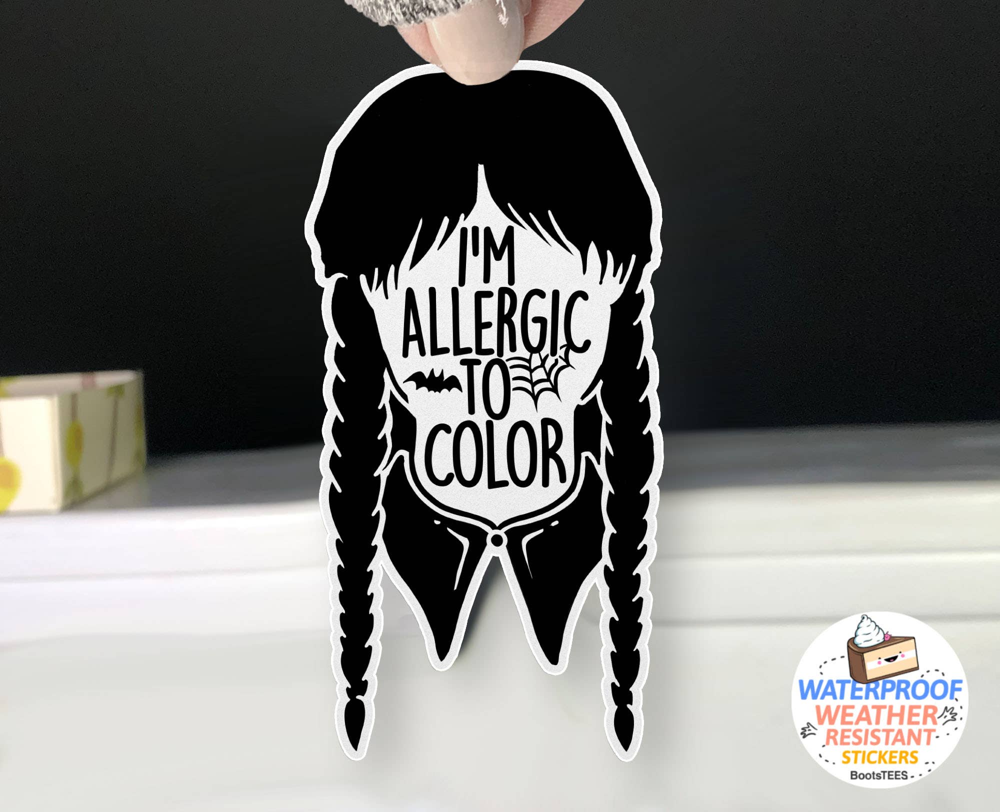 Wednesday Quote Sticker, I'M ALLERGIG TO COLOR Decal, 3.25"