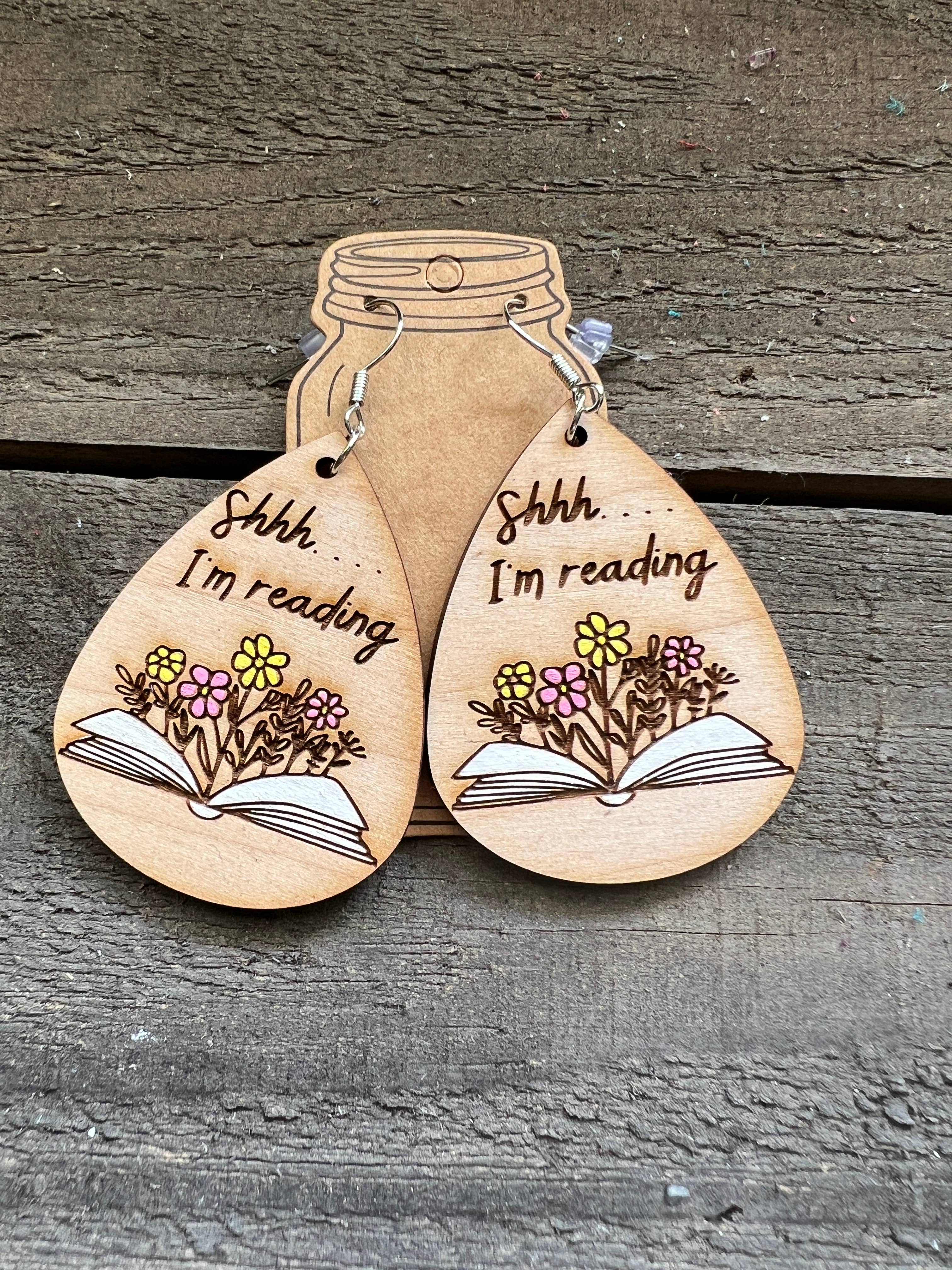 Reading Book lover floral Hand painted Wood Earrings 