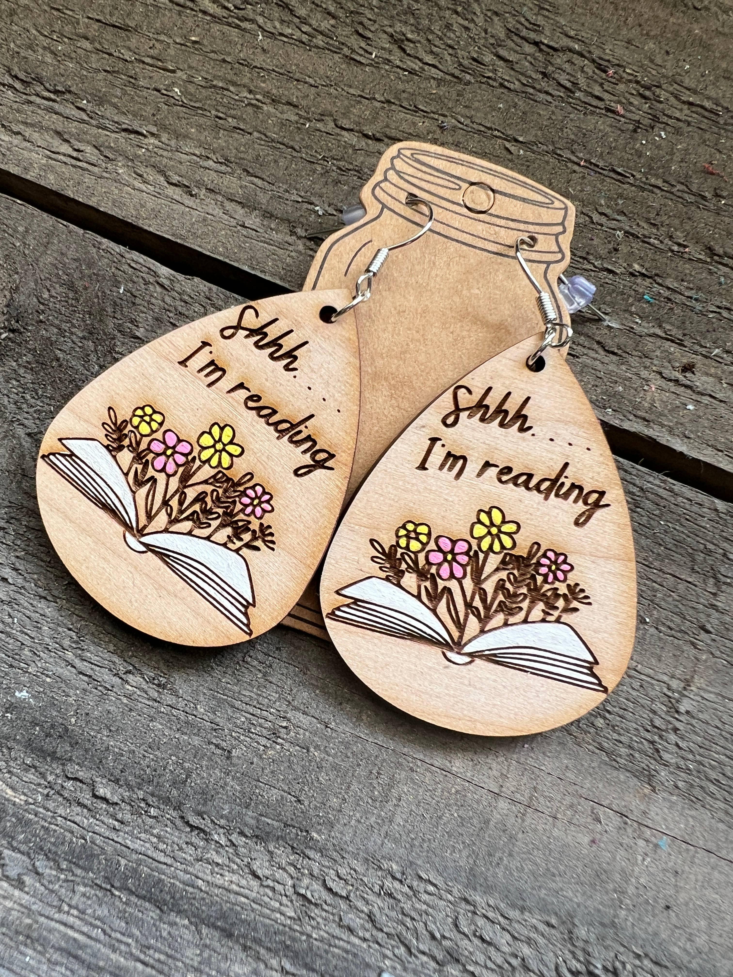 Reading Book lover floral Hand painted Wood Earrings 