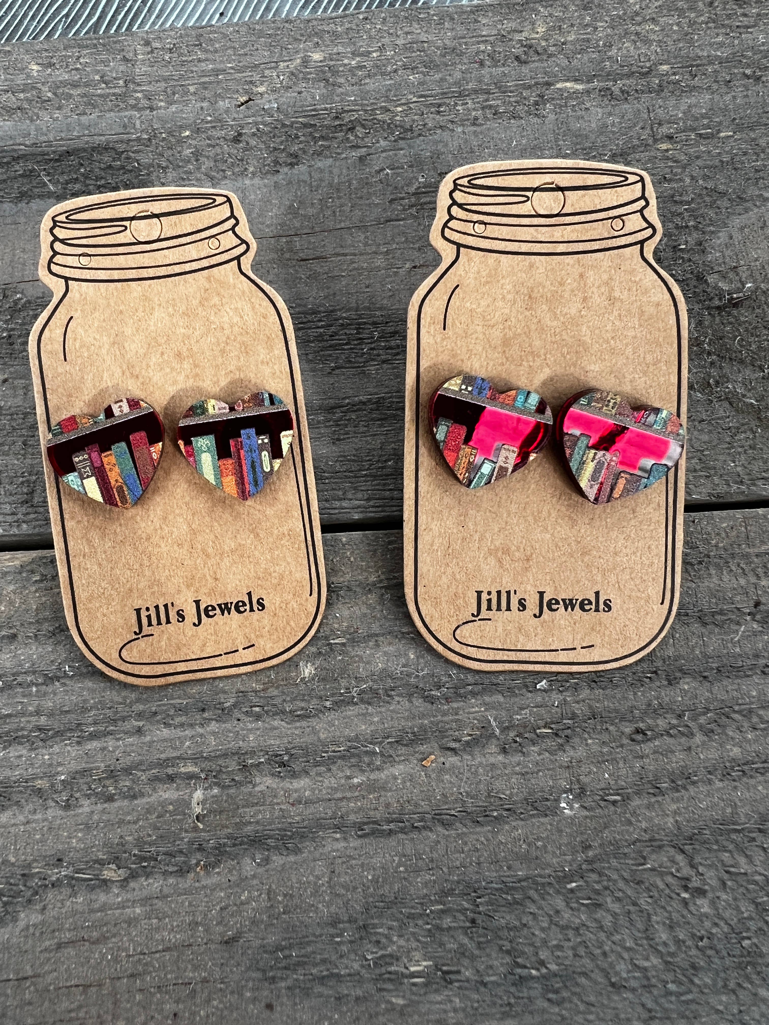 Book Shelf Heart Red Mirror Acrylic Stud Earrings